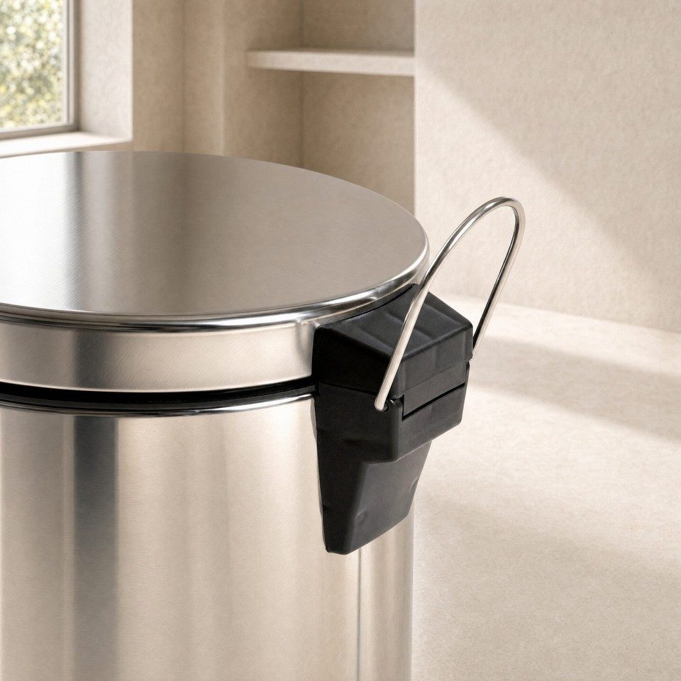 Gros plan sur la charnière noire et l'anse métallique d'une poubelle à pédale en inox brossé. Zoom sur la qualité des finitions et la robustesse de cet équipement de salle de bain d'hôtel
