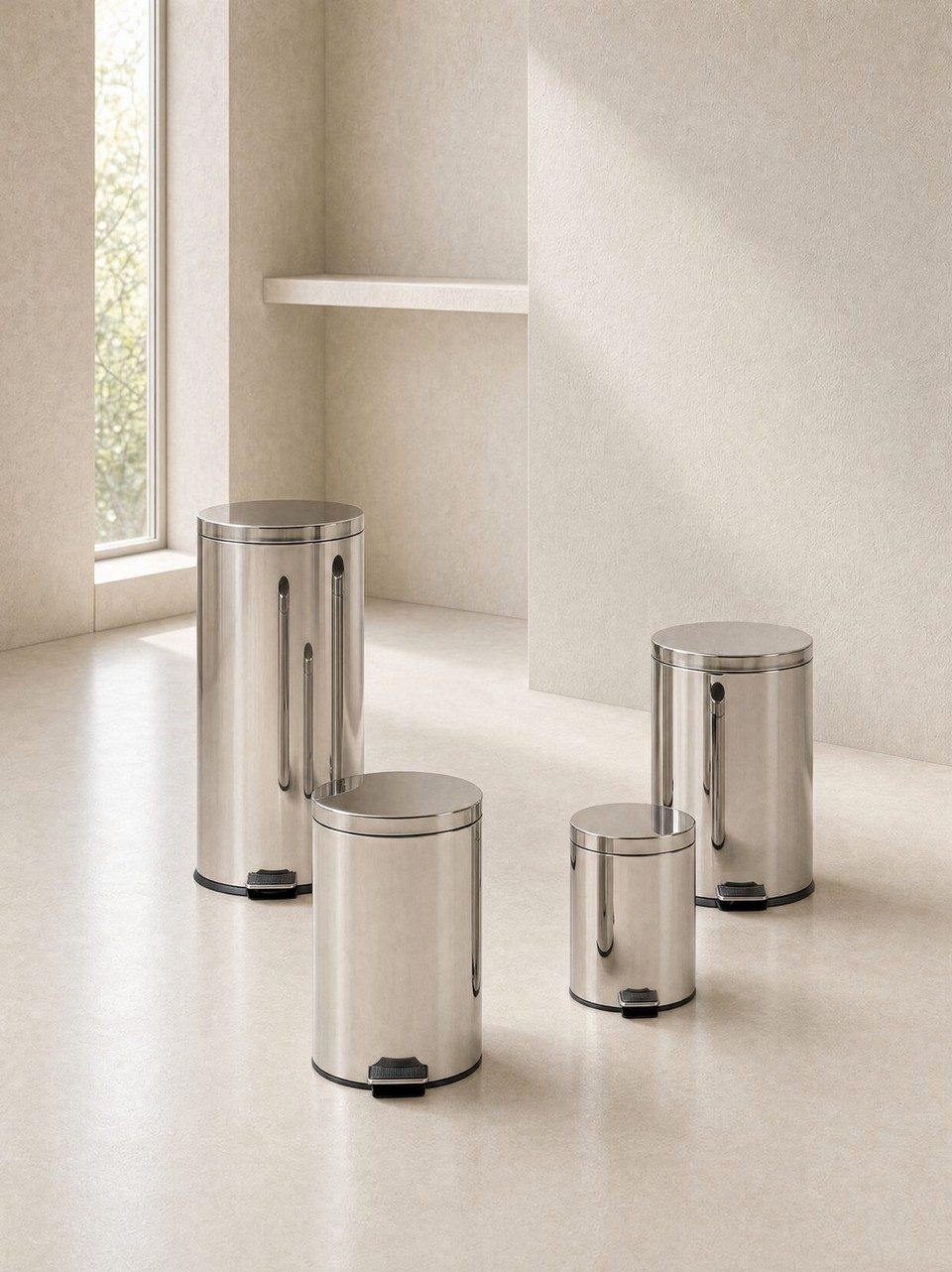 Quatre poubelles à pédale en acier inoxydable brossé de tailles différentes disposées dans une salle de bain d'hôtel épurée. Solution de propreté hygiénique et durable pour sanitaires professionnels