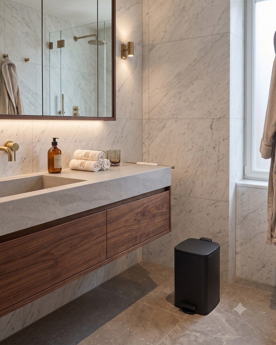 Une poubelle à pédale noire mate rectangulaire posée sur le sol en carrelage gris d'une salle de bain d'hôtel haut de gamme avec murs en marbre et meuble sous-vasque en bois. Solution d'hygiène discrète pour sanitaires professionnels.