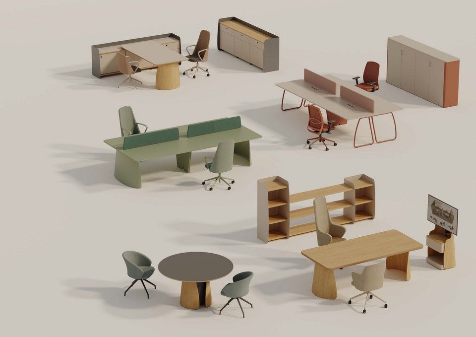 Vue d'ensemble axonométrique de la collection DOLMEN par Wood Mobilier, illustrant les différentes configurations de bureaux bench, postes individuels, tables de réunion et meubles de rangement assortis.