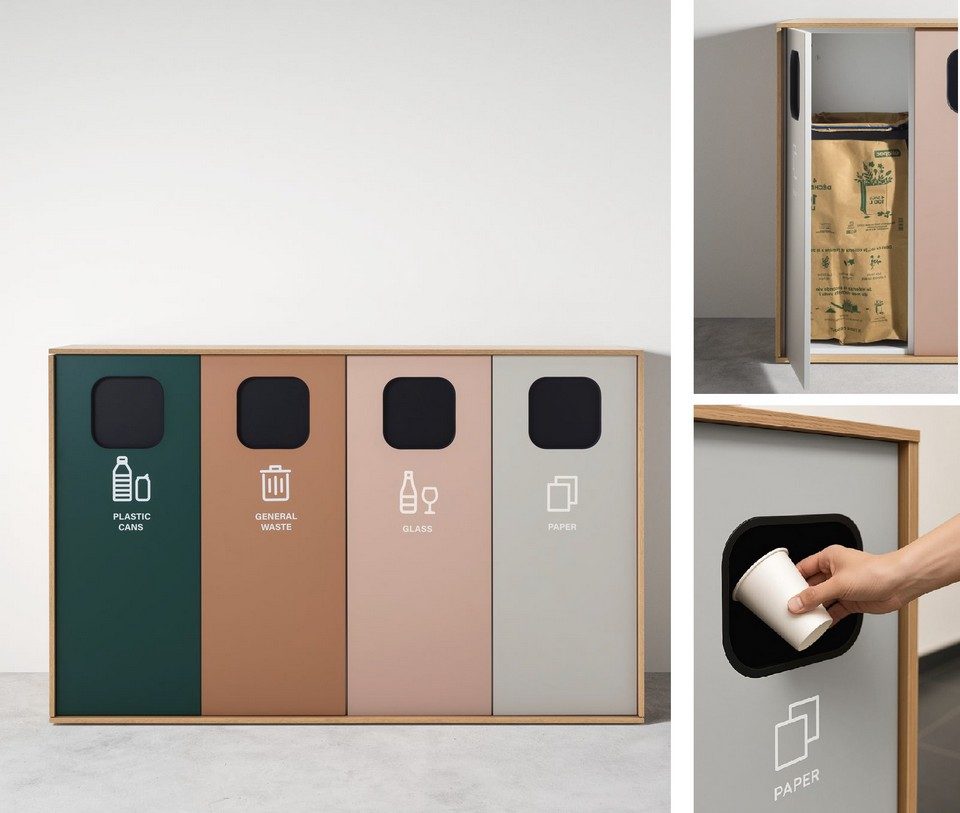 Station de tri sélectif modulaire de bureau ECOBOX GALAXY composée de quatre compartiments colorés (vert, marron, rose poudré et gris clair) avec icônes de recyclage blanches. Les visuels complémentaires montrent un utilisateur jetant un gobelet en carton et l'intérieur du meuble avec un sac de collecte, illustrant l'intégration esthétique et fonctionnelle du recyclage en entreprise.
