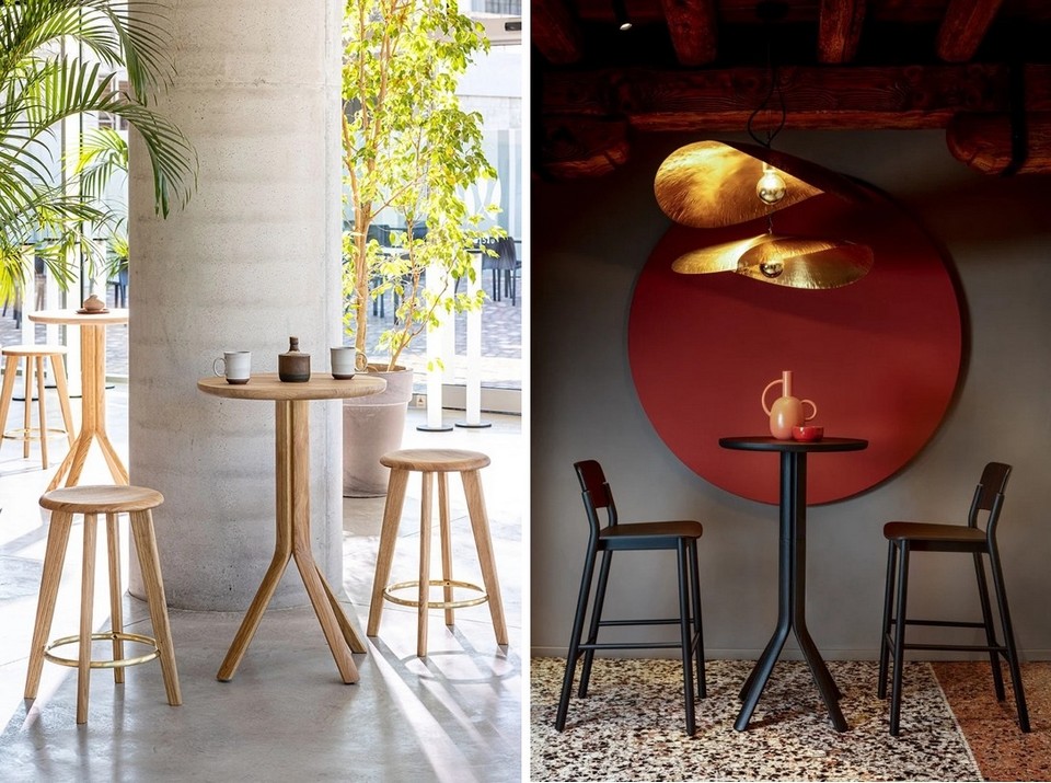 Table haute mange-debout TREE en chêne avec tabourets pour cafétéria, restaurant ou bistrot