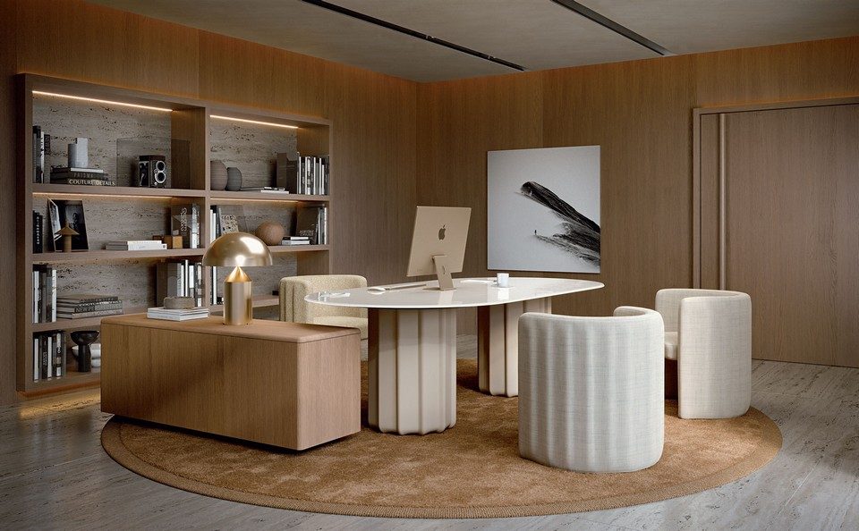 Table de réunion ovale haut de gamme SABREE avec double piètement colonne central flûté blanc crème et plateau brillant, intégrée à un bureau de direction exécutif avec meuble de service en retour en bois.