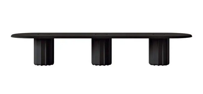 Grande table de réunion ovale SABREE noire de grand format avec triple piètement colonne central flûté sculptural et trappes d'électrification discrètes sur le plateau pour salle de conseil.