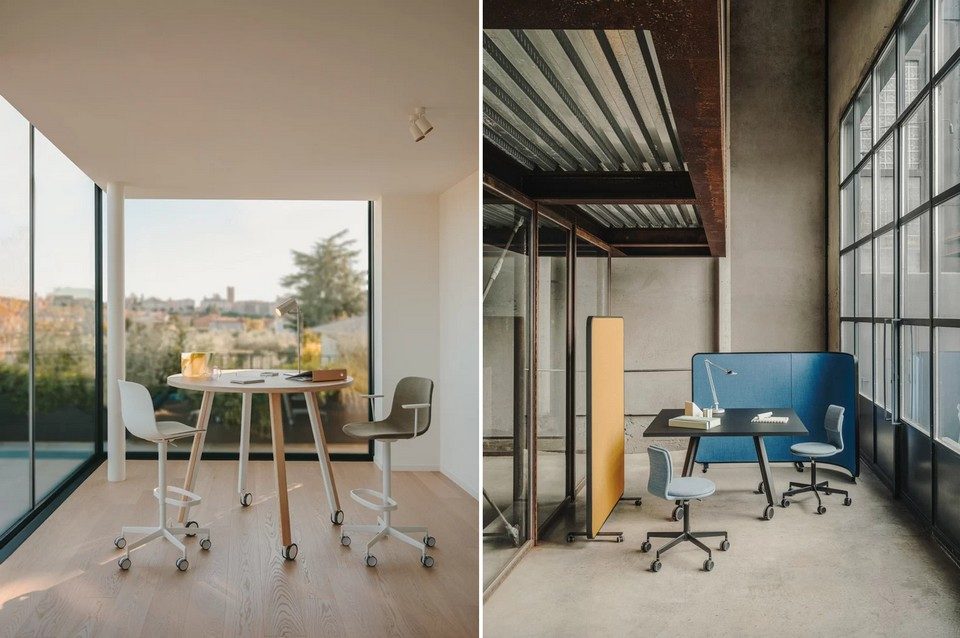 Table haute ronde et bureau mobile ORI sur roulettes dans deux espaces de coworking équipés de chaises et cloisons acoustiques Wood Mobilier.