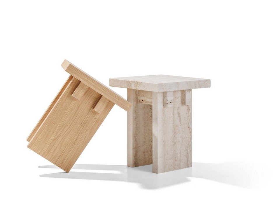 Tabourets ESSENCE en bois clair et pierre – mobilier direction minimaliste inspiré du design japonais